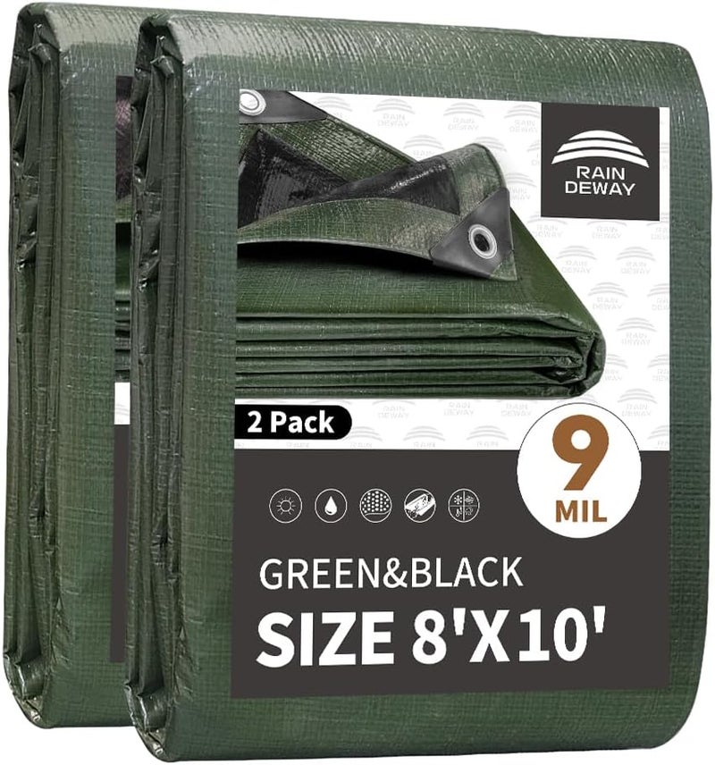 RAINDEWAY Tarps 8x10 Feet（2 Pack）,Tarp Waterproof,9Mil Thick Finished Size, Multipurpose Poly Tarp Cover with Metal Grommets and Reinforced Edges,Green/Black Tarpaulin - Image 1